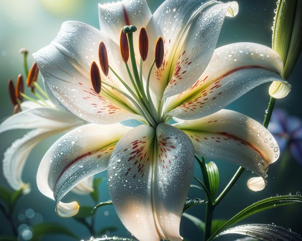 White Lily with Water Droplets and Red Speckles