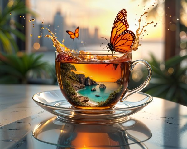 Glass Cup with Tropical Scene and Sunset Background