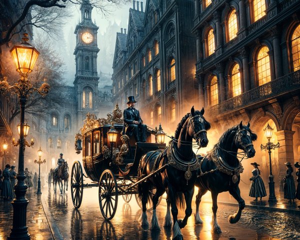 Vintage street scene with horse-drawn carriage at dusk