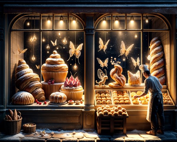 Charming Bakery Window Display with Delectable Pastries