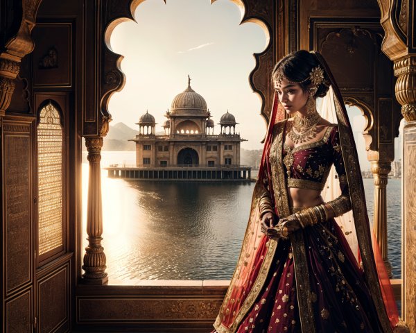 Traditional Attire and Architecture at Sunset