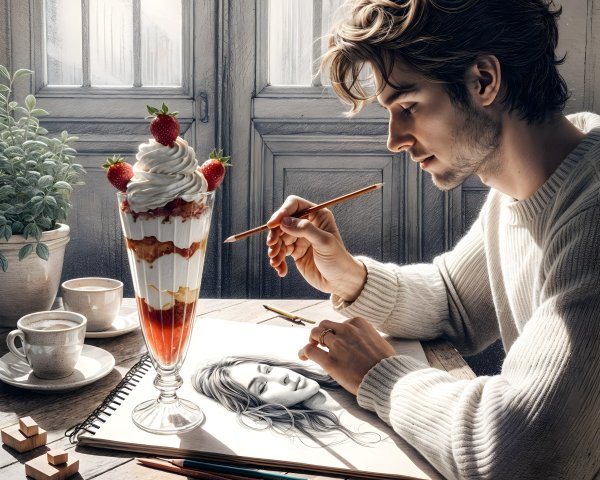 Young man sketching at rustic table with parfait and coffee