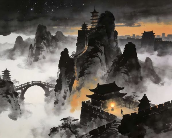 Traditional Chinese Ink Wash of Mystical Landscape