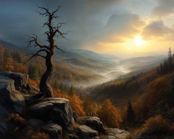 Dramatic Landscape with Twisted Tree and Autumn Foliage