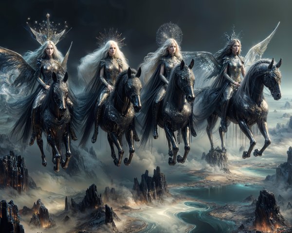 Ethereal Beings on Black Horses in Mystical Landscape