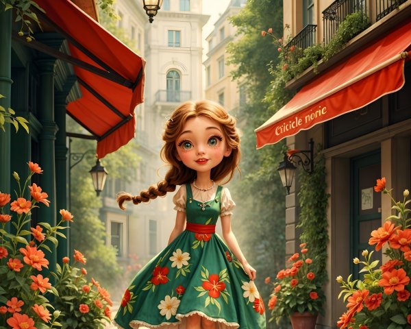Charming Street Scene with Young Girl in Green Dress
