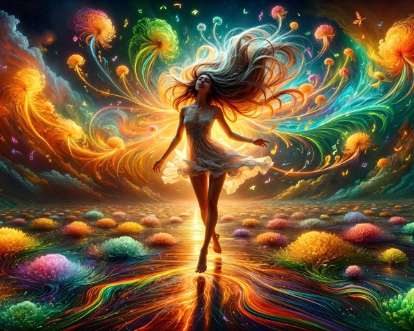 Ethereal Woman in Colorful Dreamlike Landscape