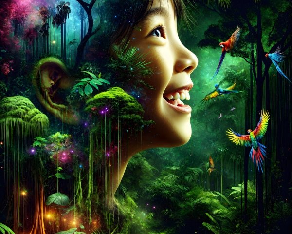 Child's Profile with Vibrant Forest and Waterfall Scene