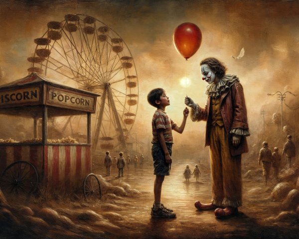 Eerie Carnival Scene with Clown and Red Balloon