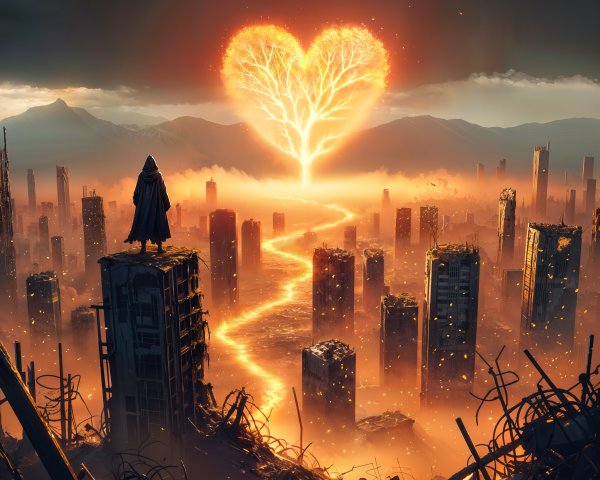 Lone Figure Overlooks Fiery Heart-Shaped Tree in Wasteland
