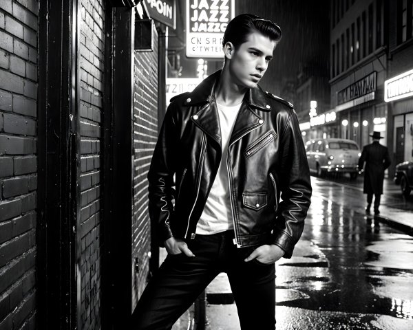 Vintage Urban Scene with Young Man in Leather Jacket