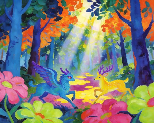 Impressionistic Oil Painting of Whimsical Forest Scene