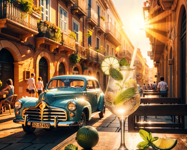 Sunset Street Scene with Cocktail and Vintage Car