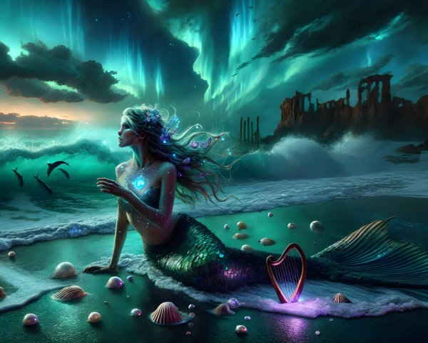 Mermaid on Beach with Auroras and Dolphins Nearby