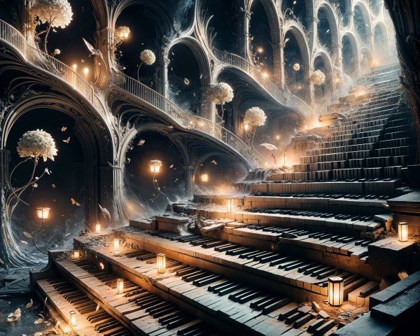Surreal Staircase of Piano Keys in Mystical Space