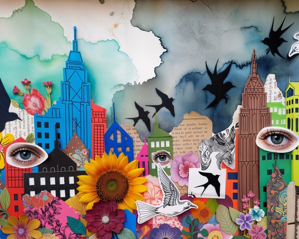 Vibrant Mixed-Media Collage of a Surreal City Skyline