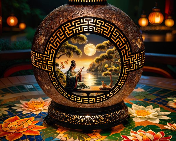 Intricately Designed Lantern with Serene Scene