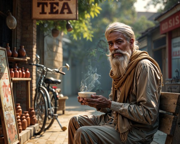 Elderly Man Enjoys Tea Outside Quaint Tea Shop