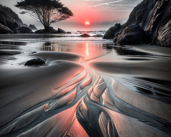 Serene Beach Scene at Sunset with Silhouetted Tree