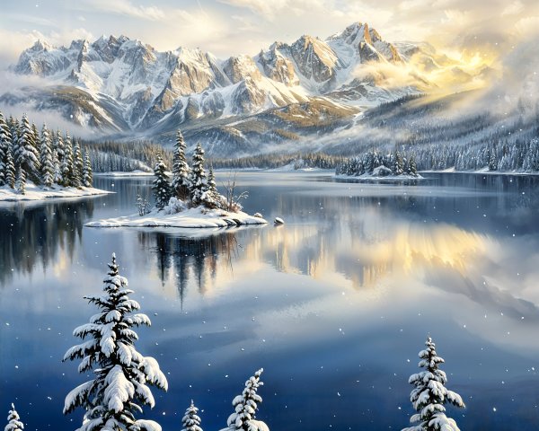 Winter Landscape with Lake and Snow-Capped Mountains