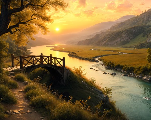 Serene Sunset Landscape with Wooden Bridge and River