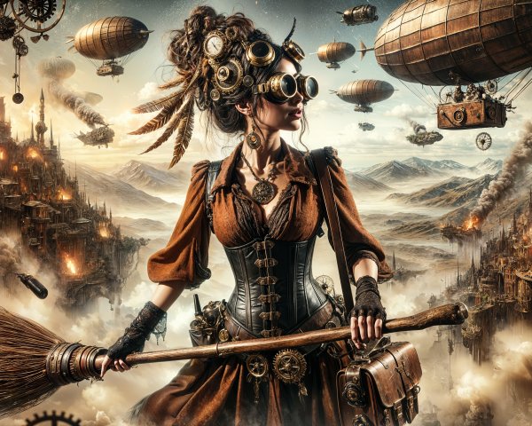 Steampunk Landscape with Woman in Mechanical Gown