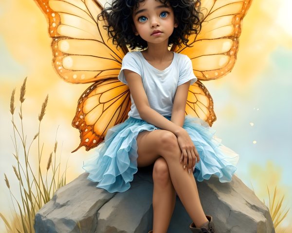 Chibi Fairy with Butterfly Wings on Gray Rock