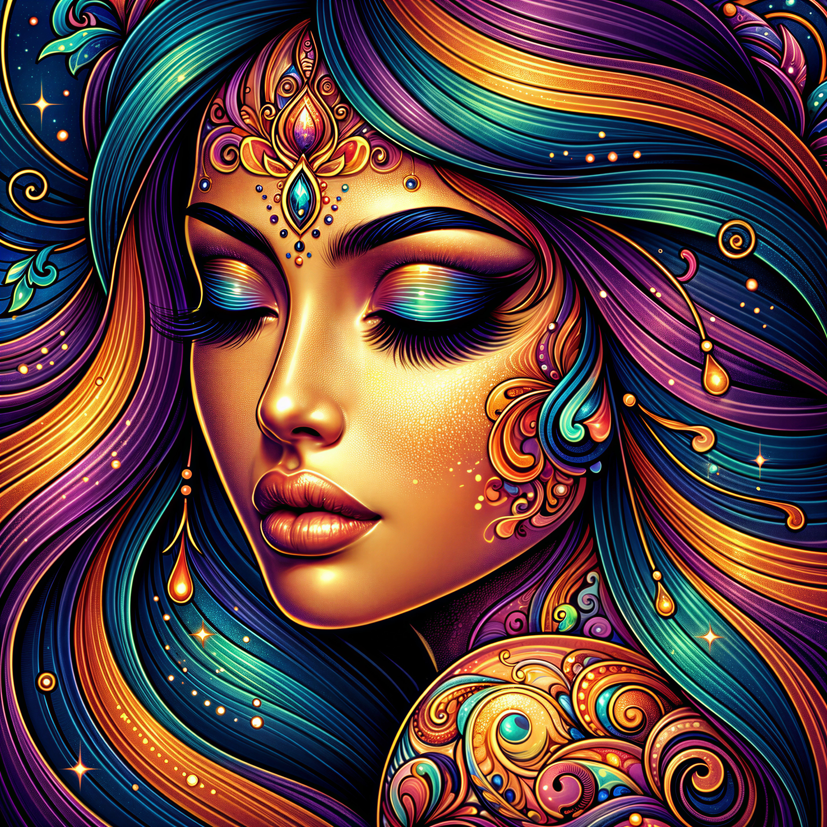 Vibrant Portrait of a Woman with Mystical Elements