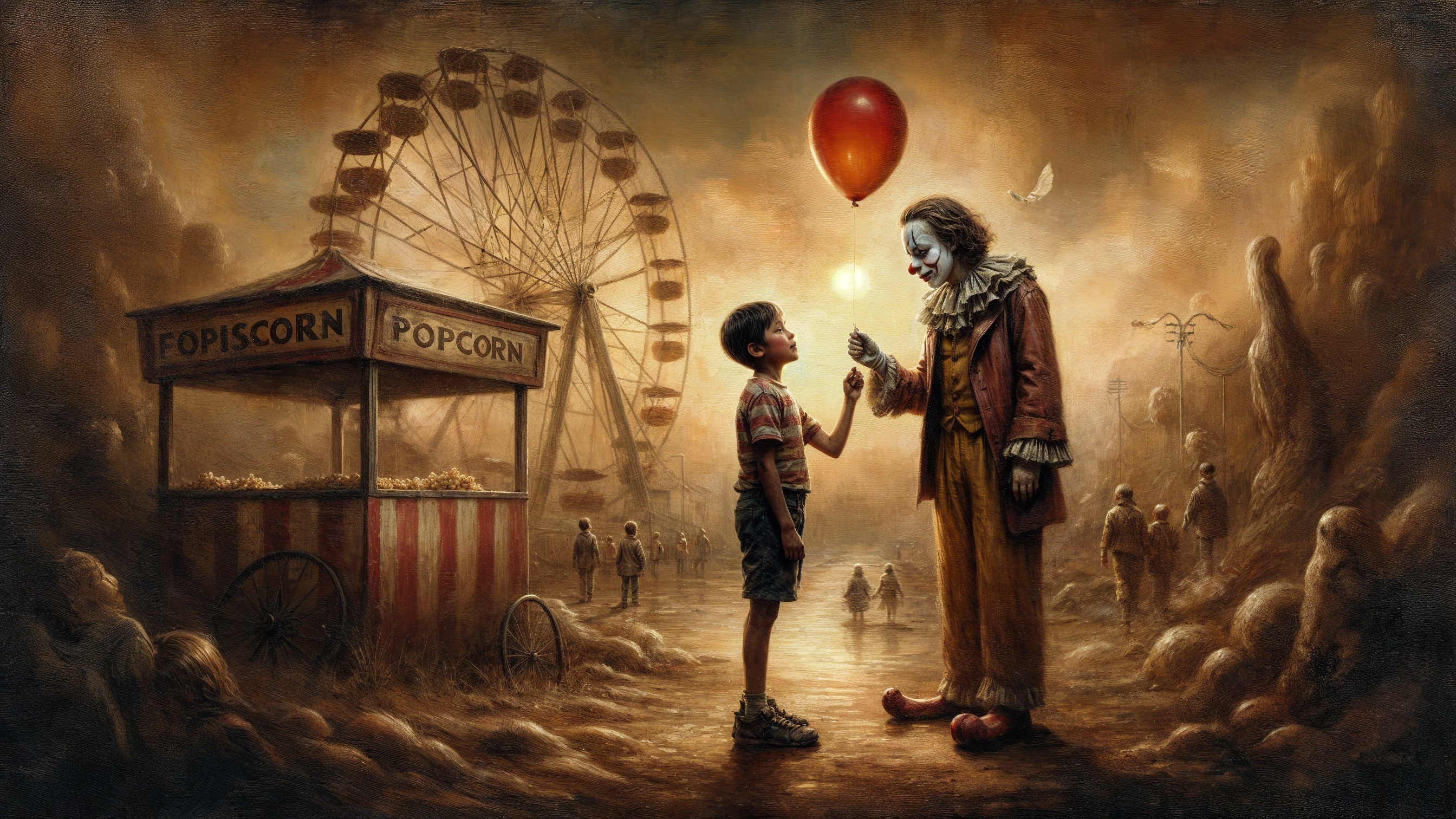 Eerie Carnival Scene with Clown and Red Balloon