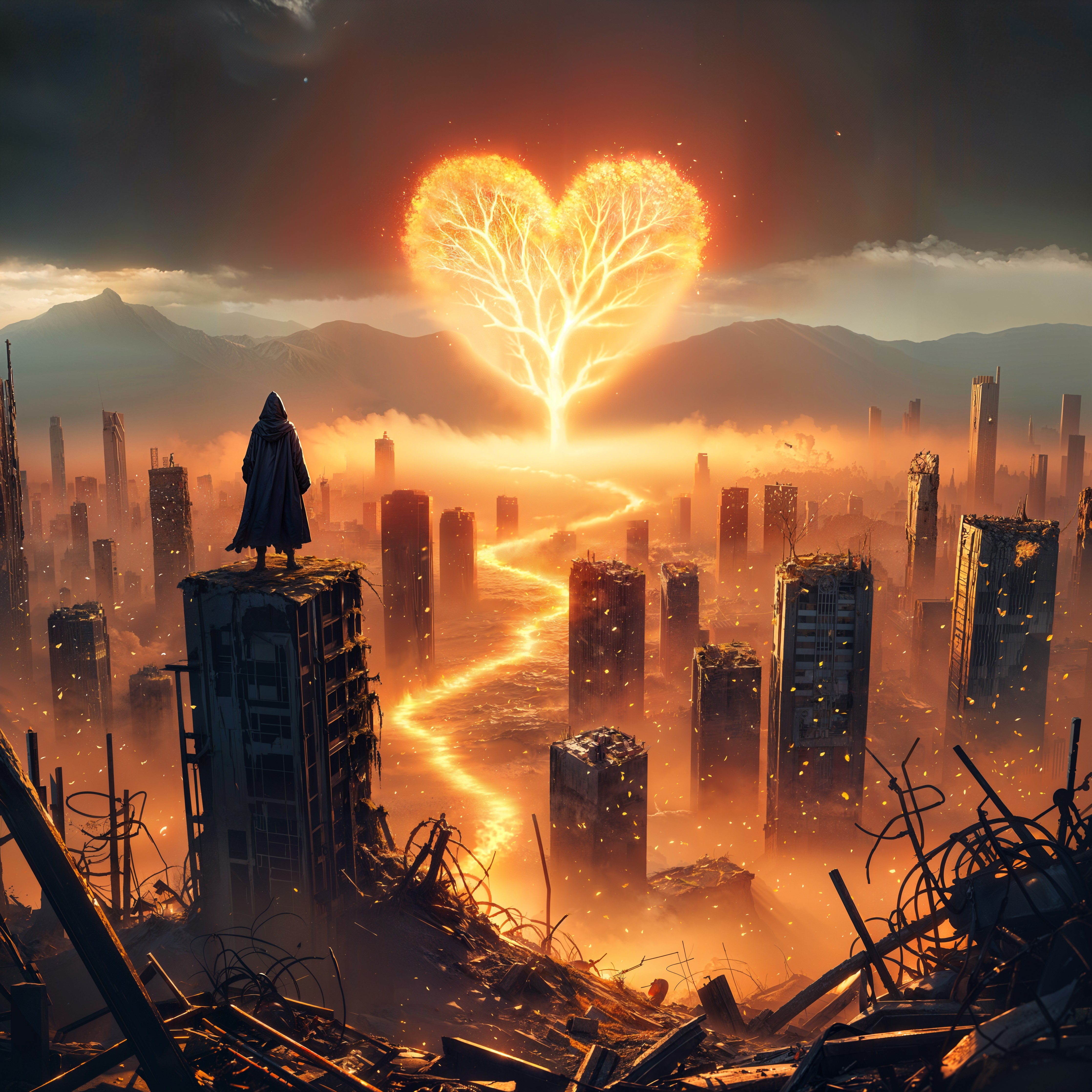 Lone Figure Overlooks Fiery Heart-Shaped Tree in Wasteland