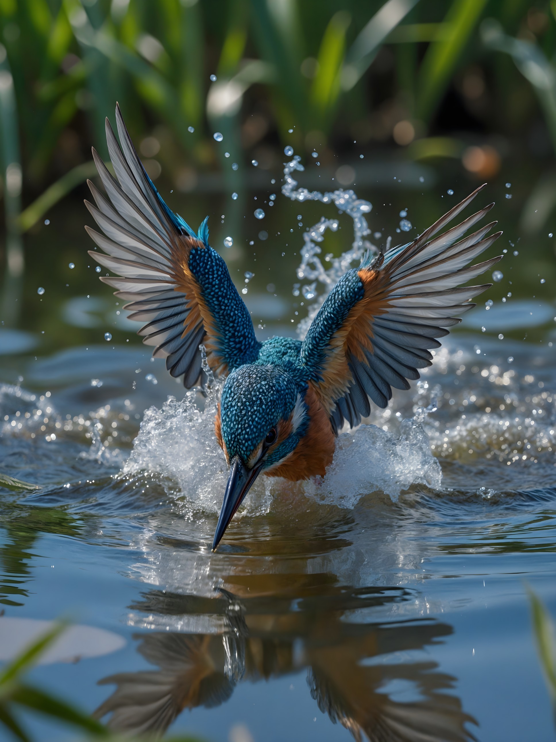 Vibrant Kingfisher Diving with Splashes in Nature