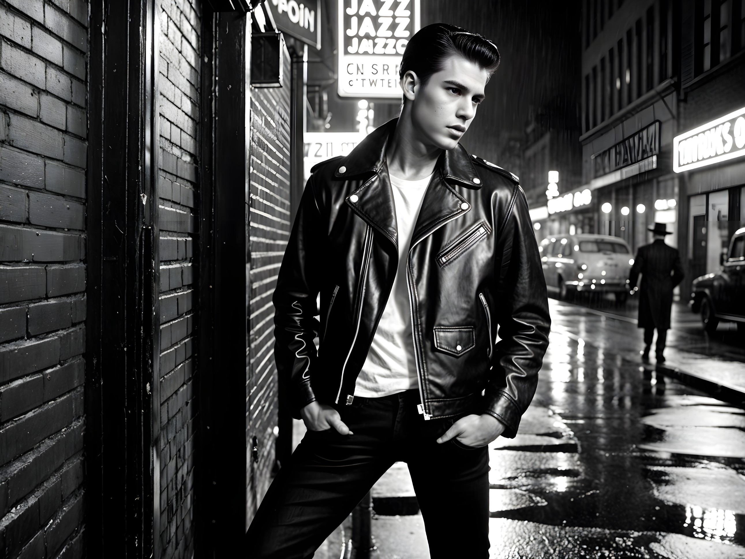 Vintage Urban Scene with Young Man in Leather Jacket