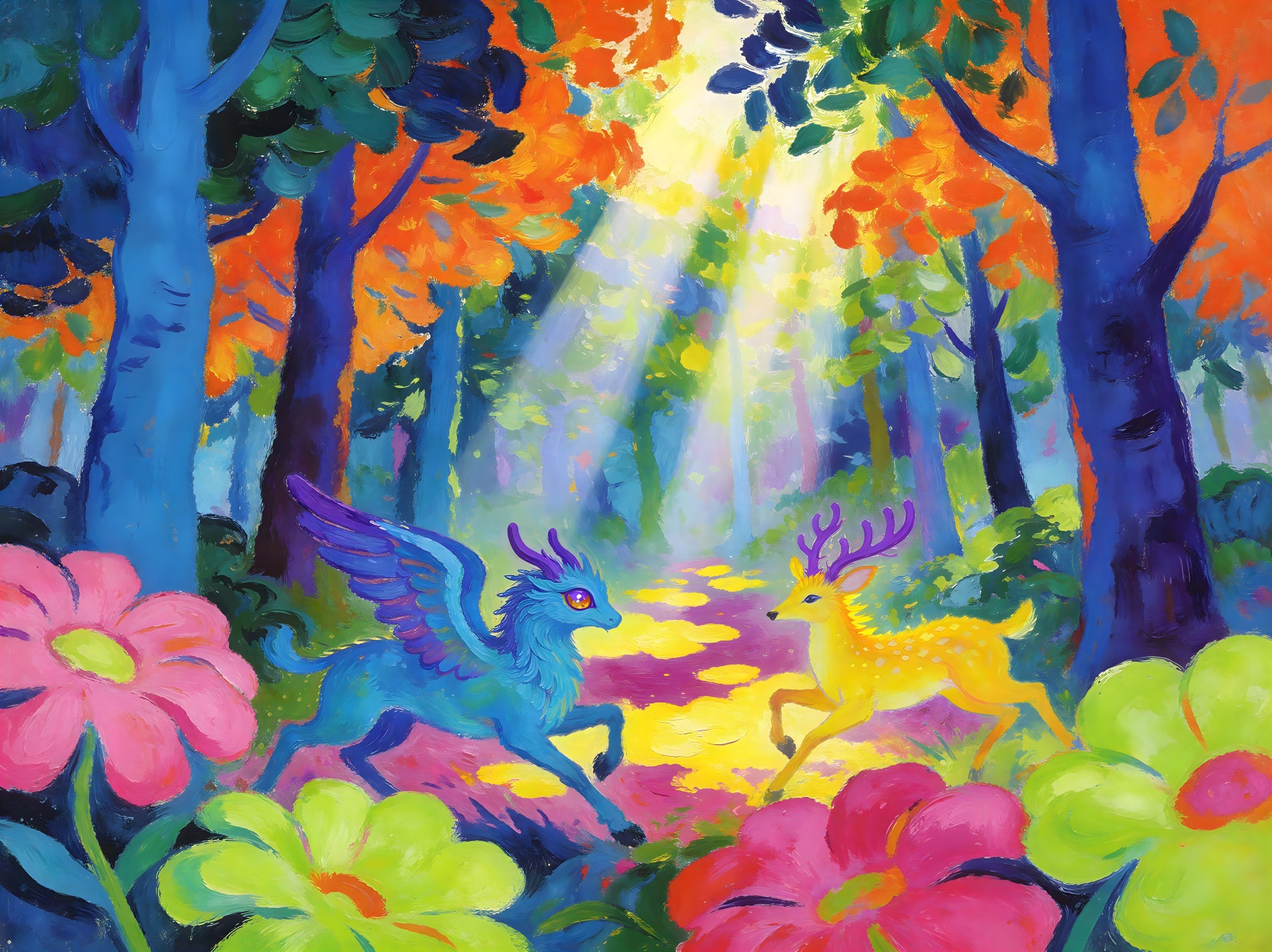 Impressionistic Oil Painting of Whimsical Forest Scene