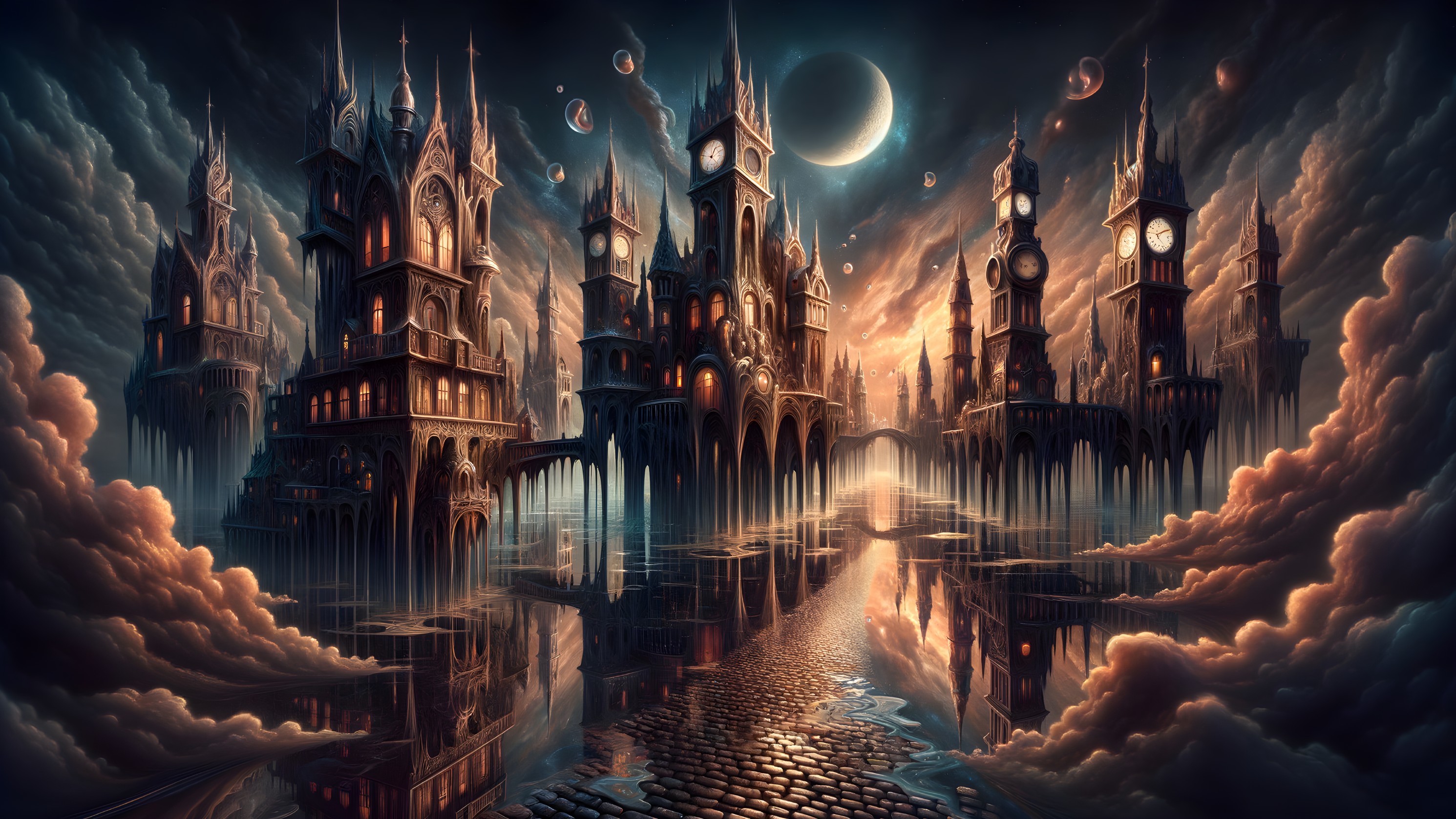 Fantastical Cityscape with Towering Spires and Moonlight