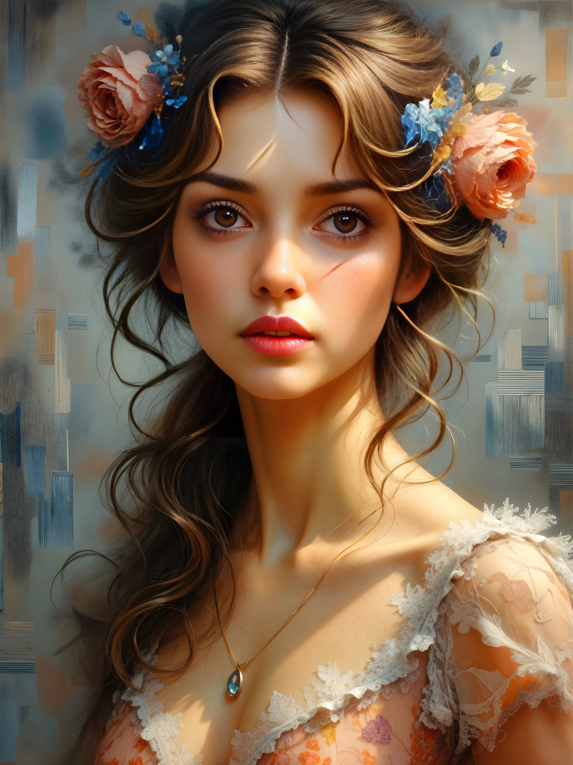 Portrait of a woman with floral elements and soft features