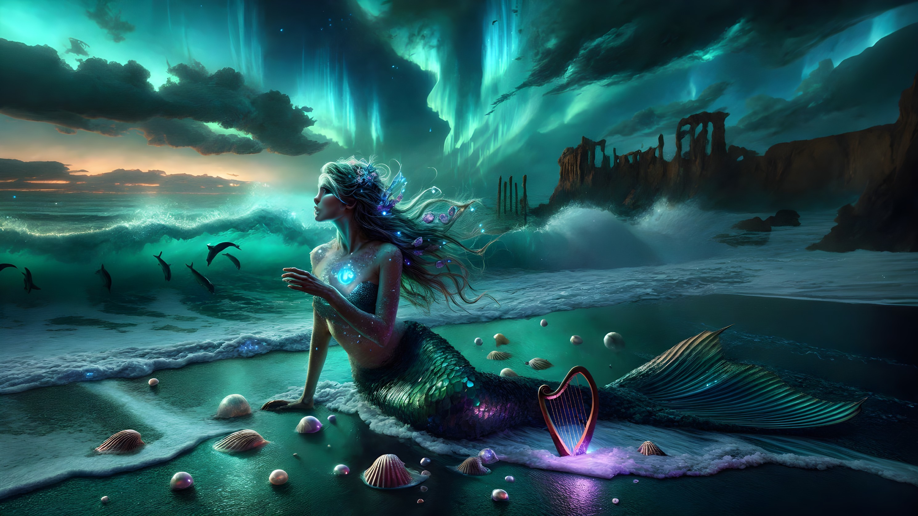 Mermaid on Beach with Auroras and Dolphins Nearby