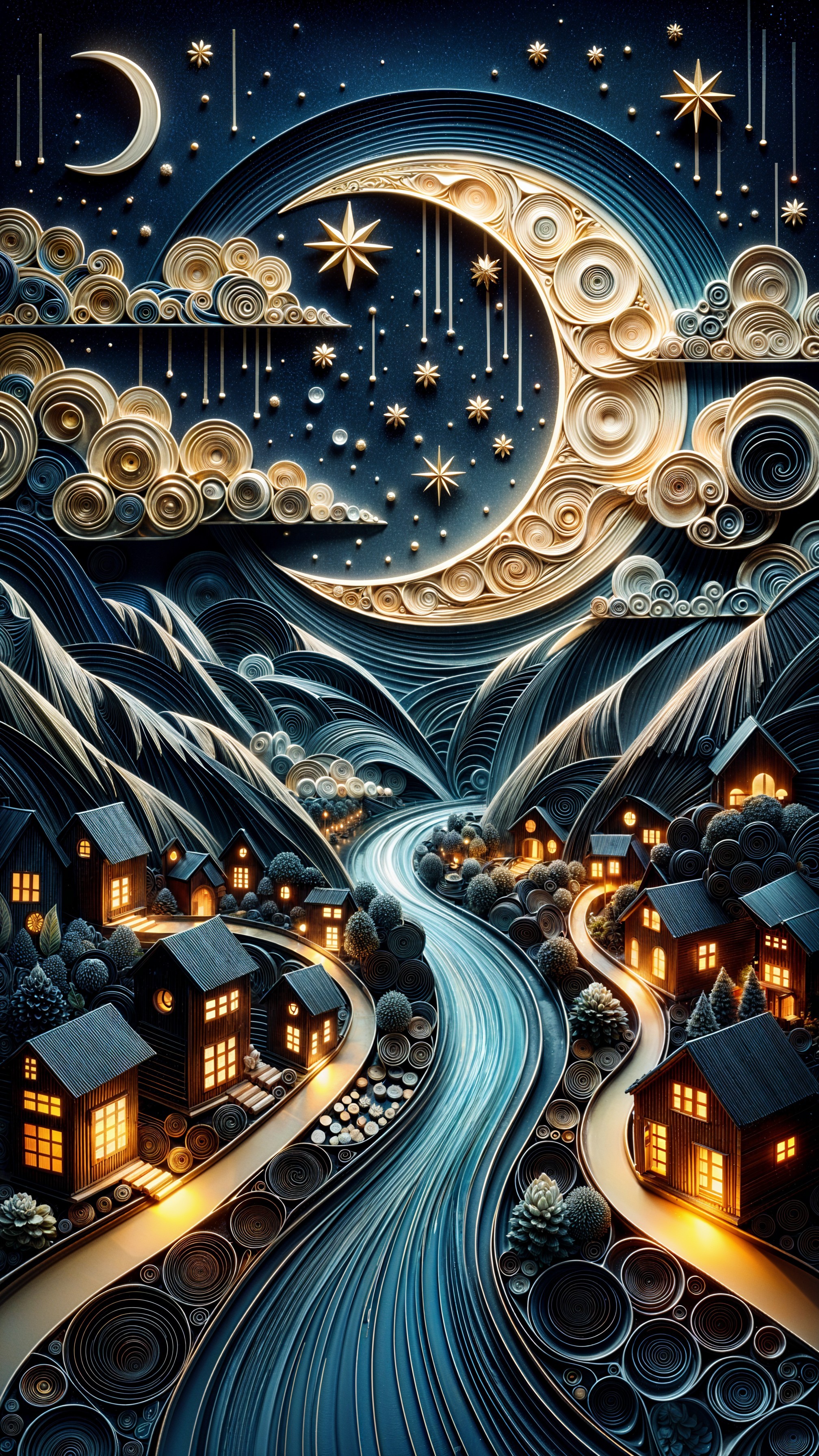 Whimsical Night Scene in Quilled Paper Art