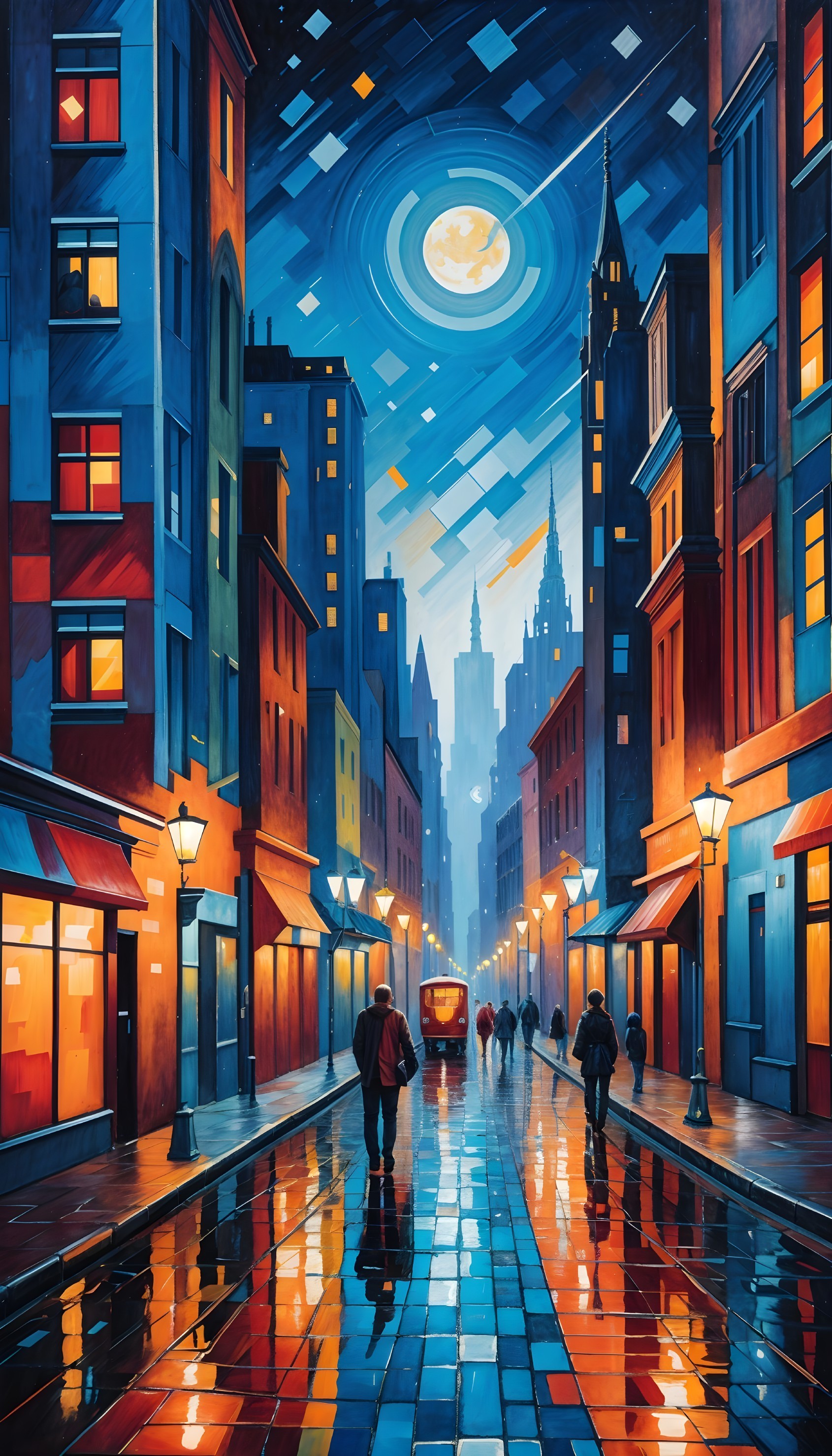 Vibrant Night Urban Scene with Cobblestone Street