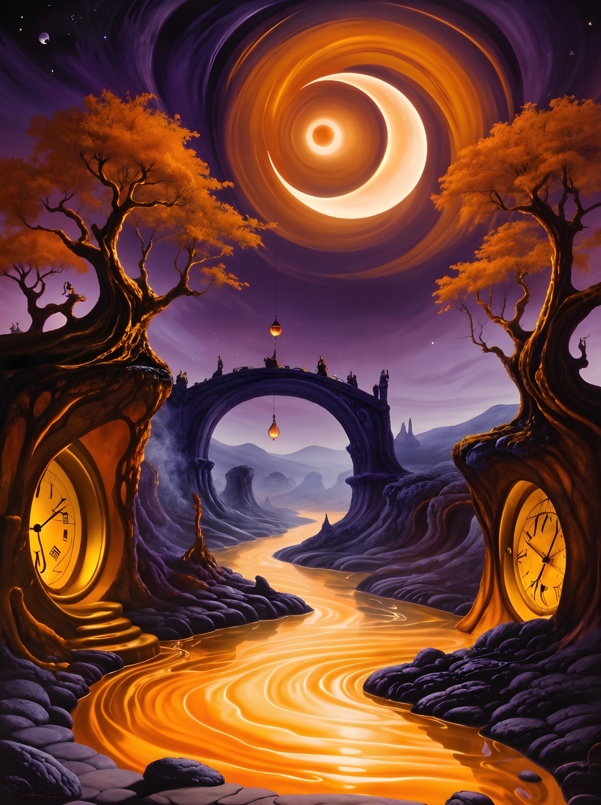 Surreal Landscape with Winding River and Whimsical Trees