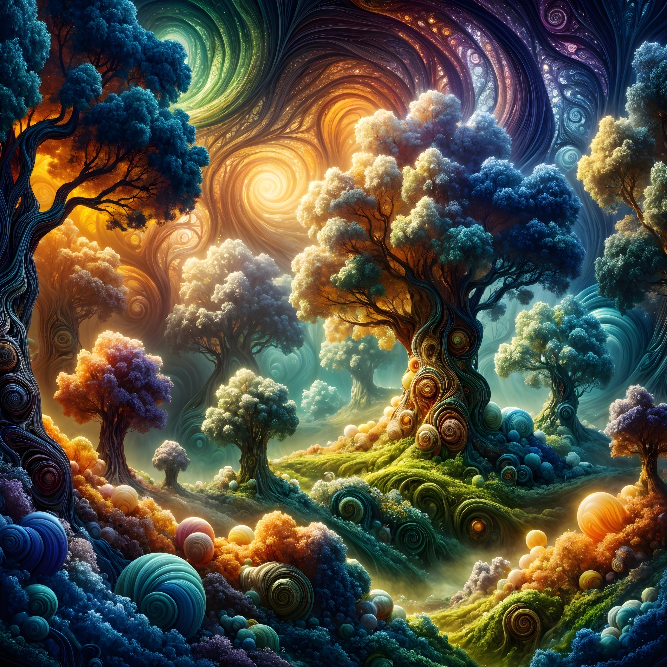 Vibrant Landscape with Swirling Trees and Cosmic Patterns