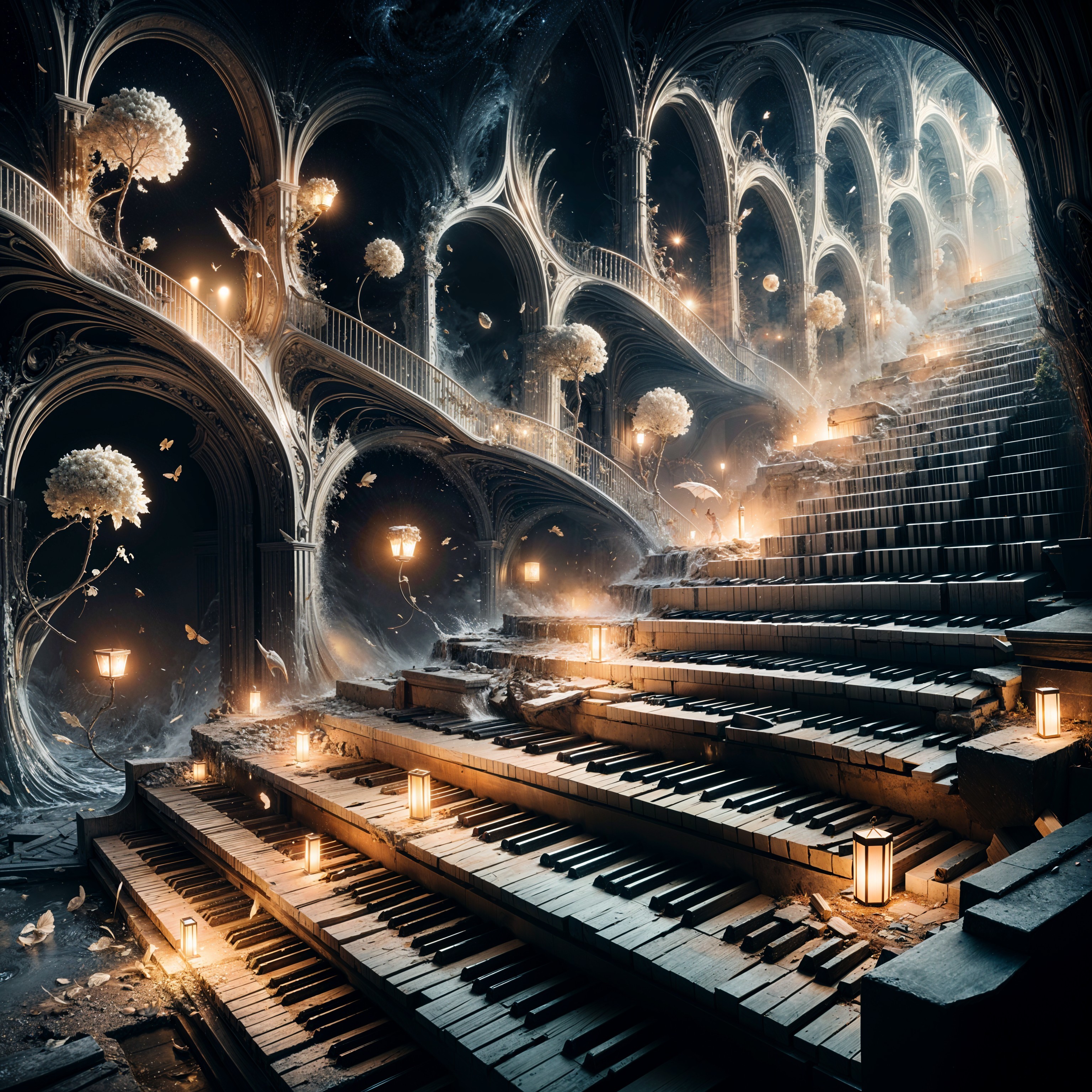 Surreal Staircase of Piano Keys in Mystical Space