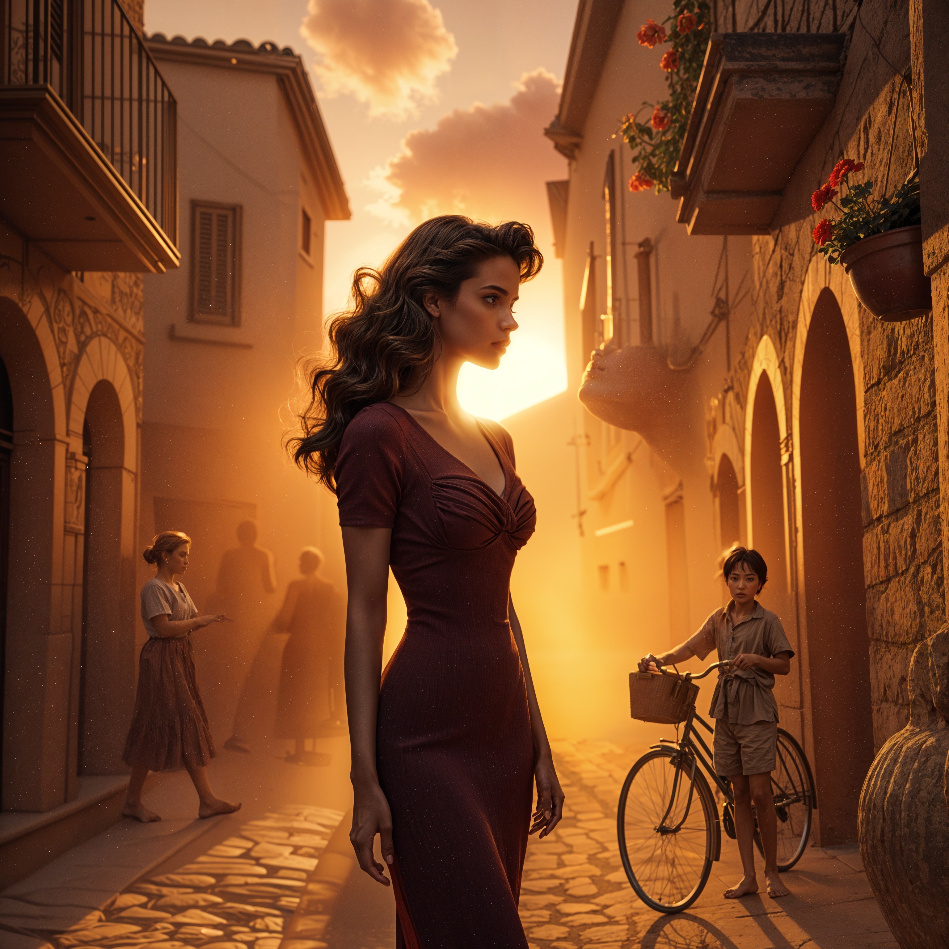 Serene Sunset Over Cobblestone Street with Elegant Scene