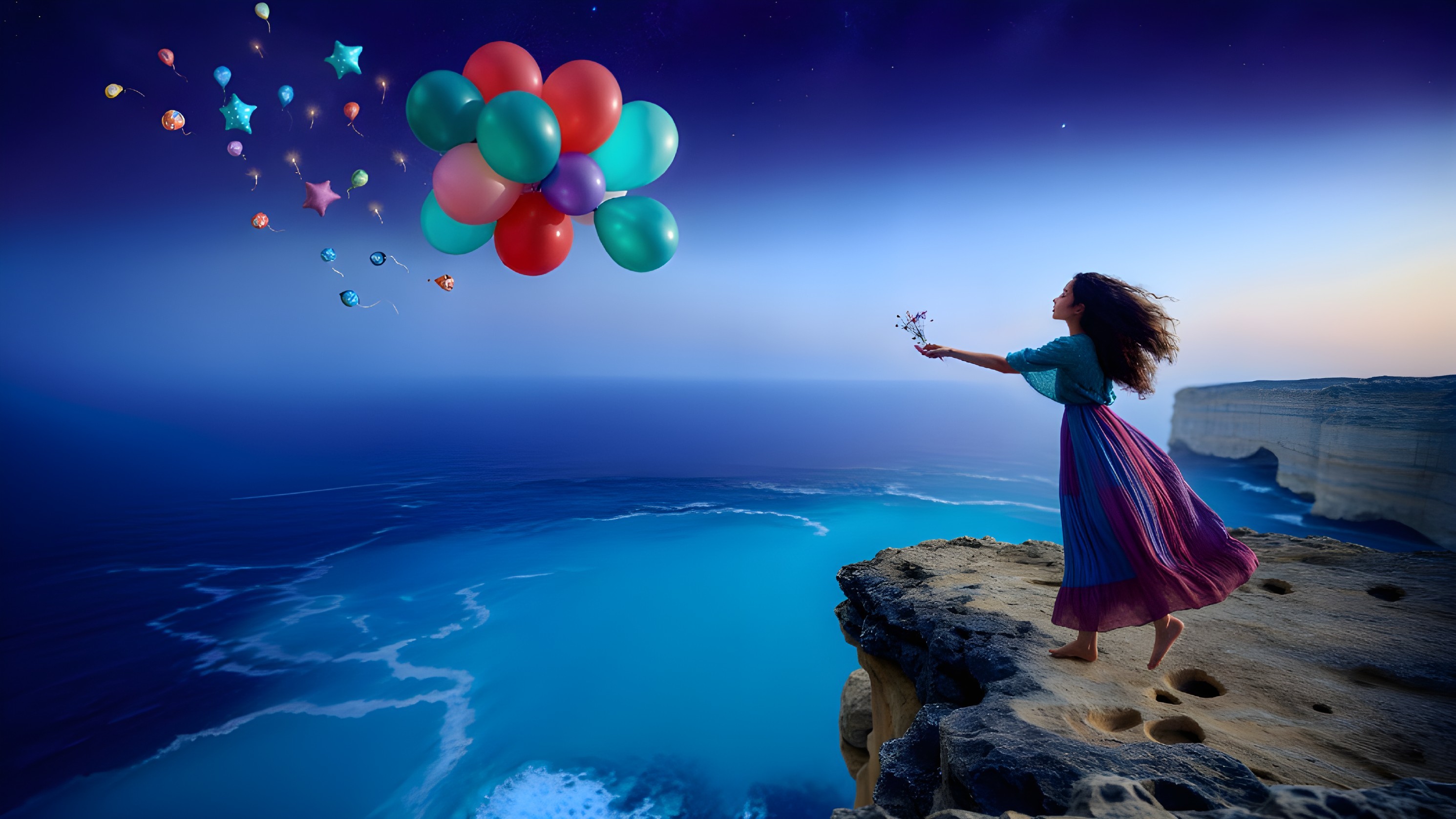Whimsical Dusk Scene of Girl with Balloons at Cliff