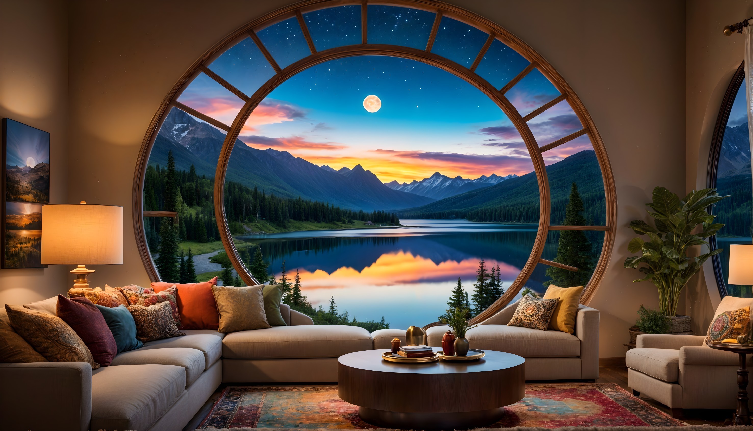 Cozy Living Room with Circular Window and Sunset View
