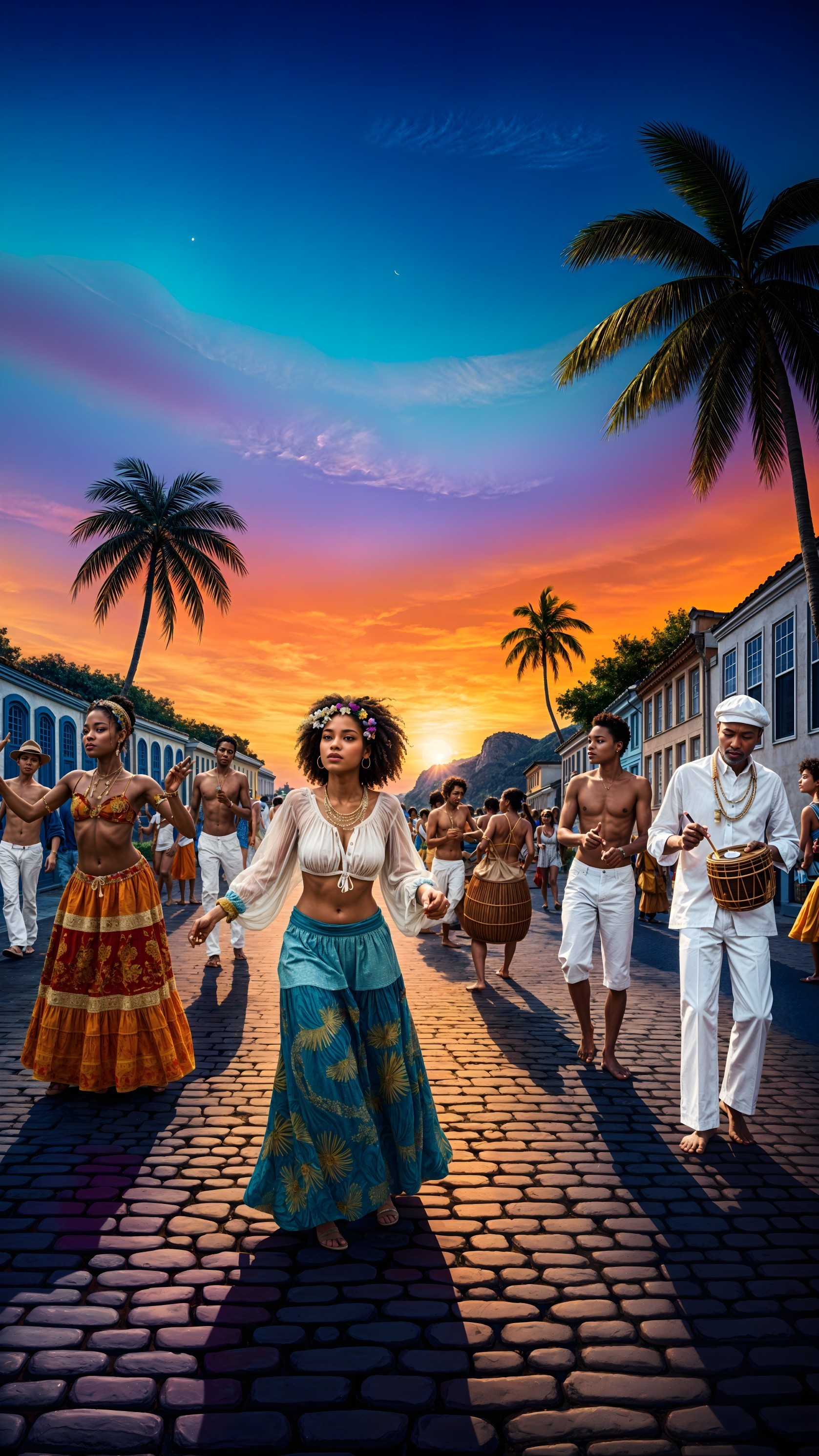 Vibrant Sunset Parade with Diverse Dancers and Music
