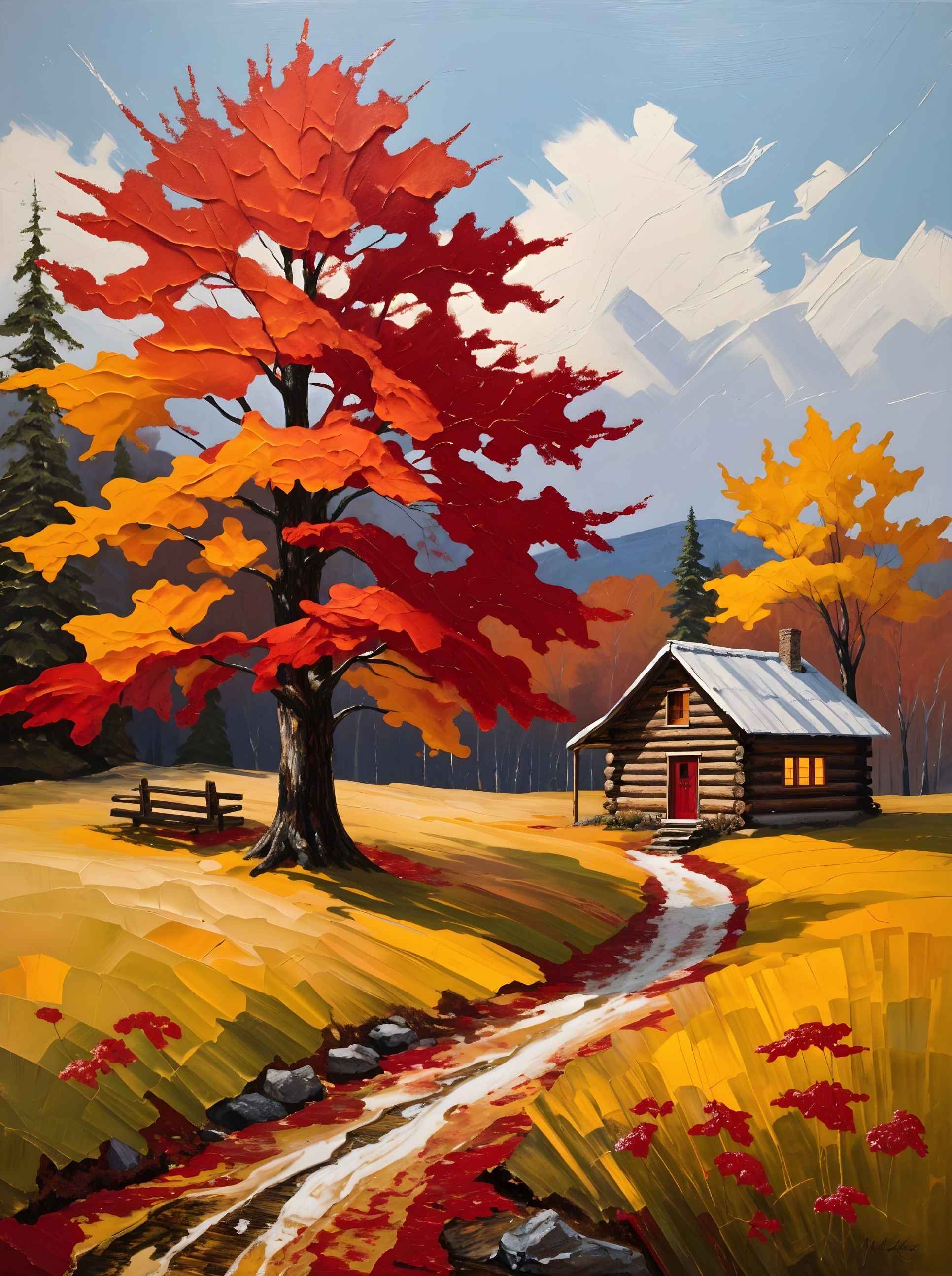 Cozy log cabin in vibrant autumn landscape setting