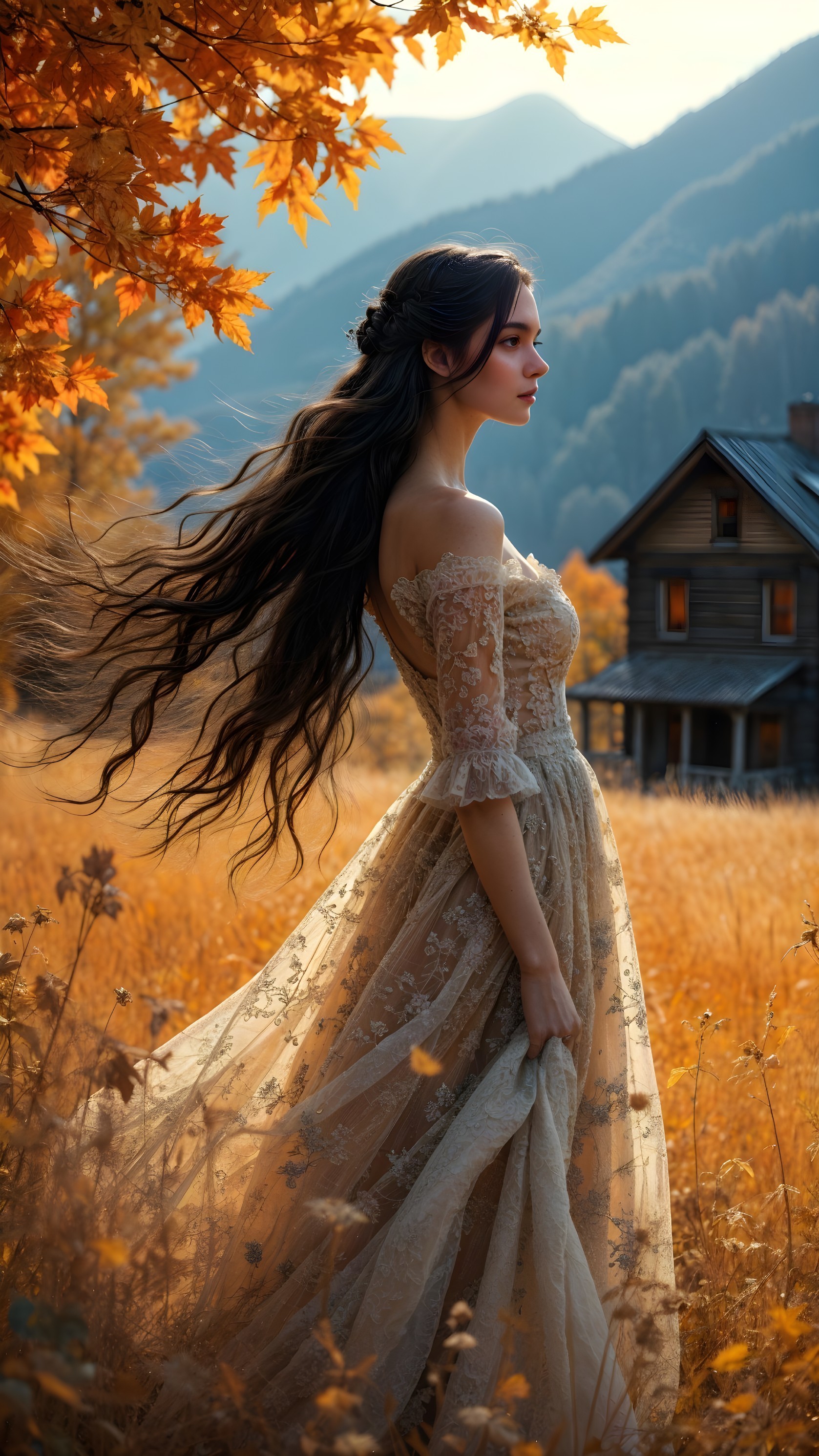 Young Woman in Flowing Gown Amid Autumn Leaves
