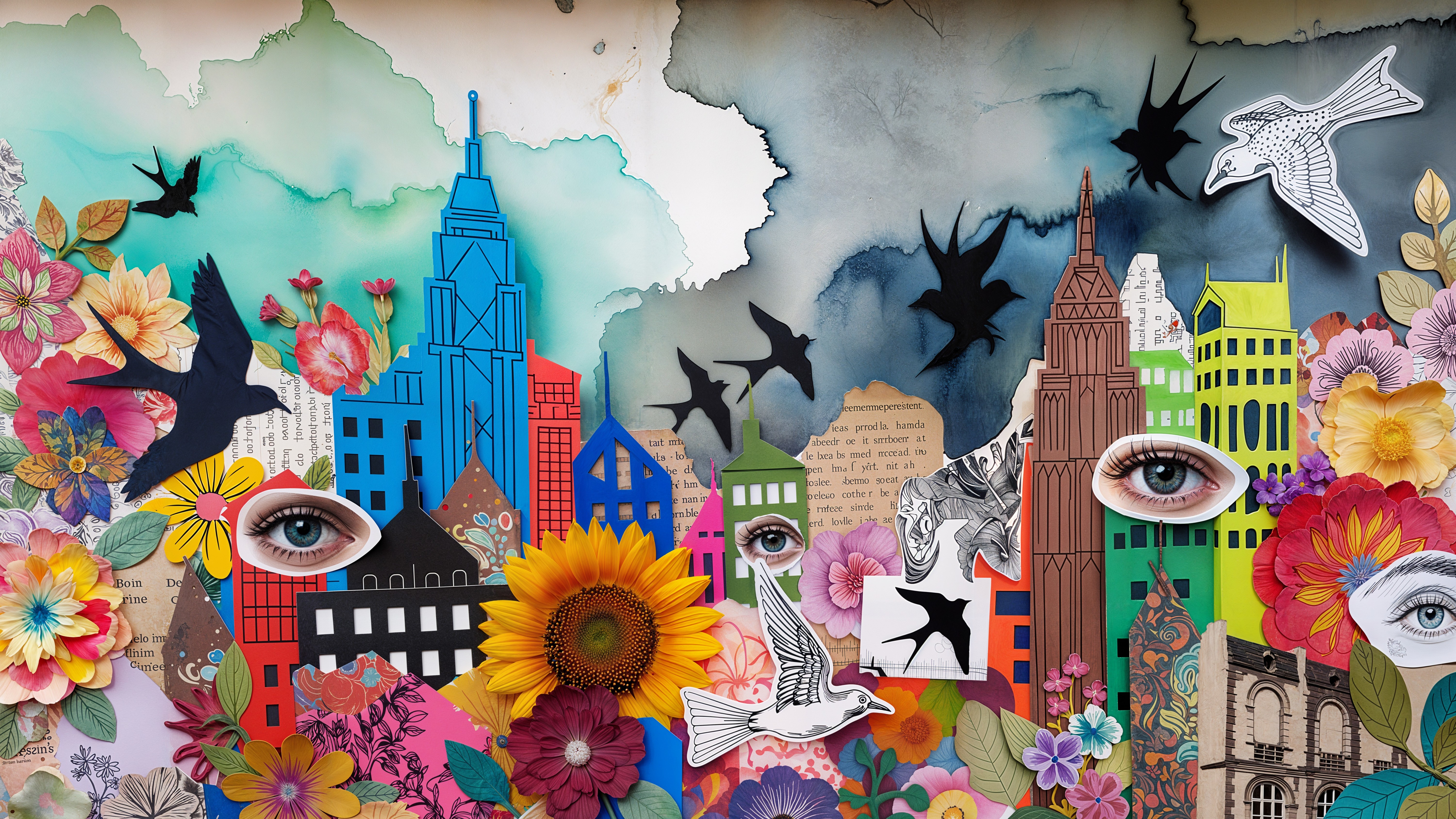 Vibrant Mixed-Media Collage of a Surreal City Skyline