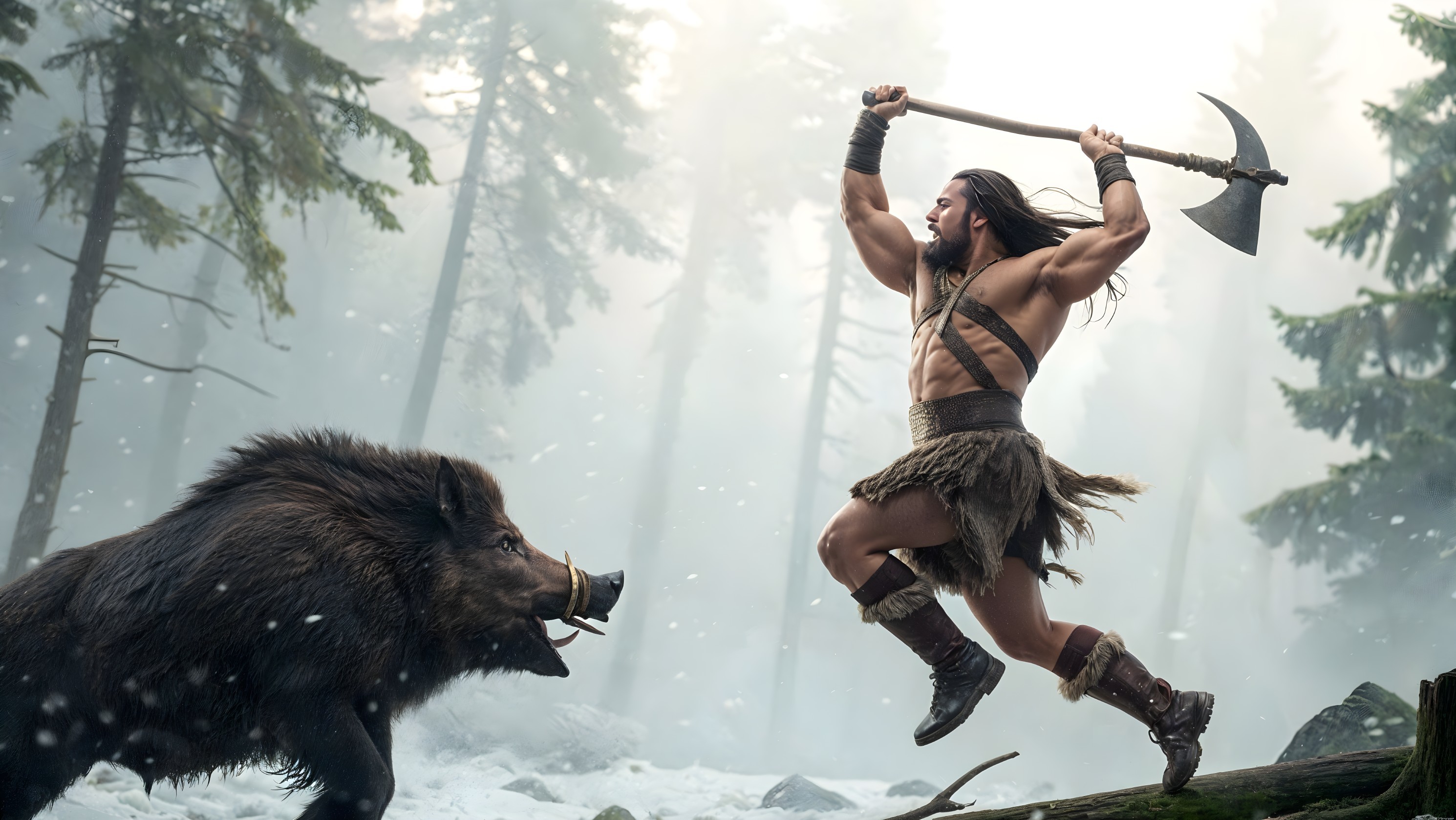 Muscular Warrior Faces Wild Boar in Misty Forest