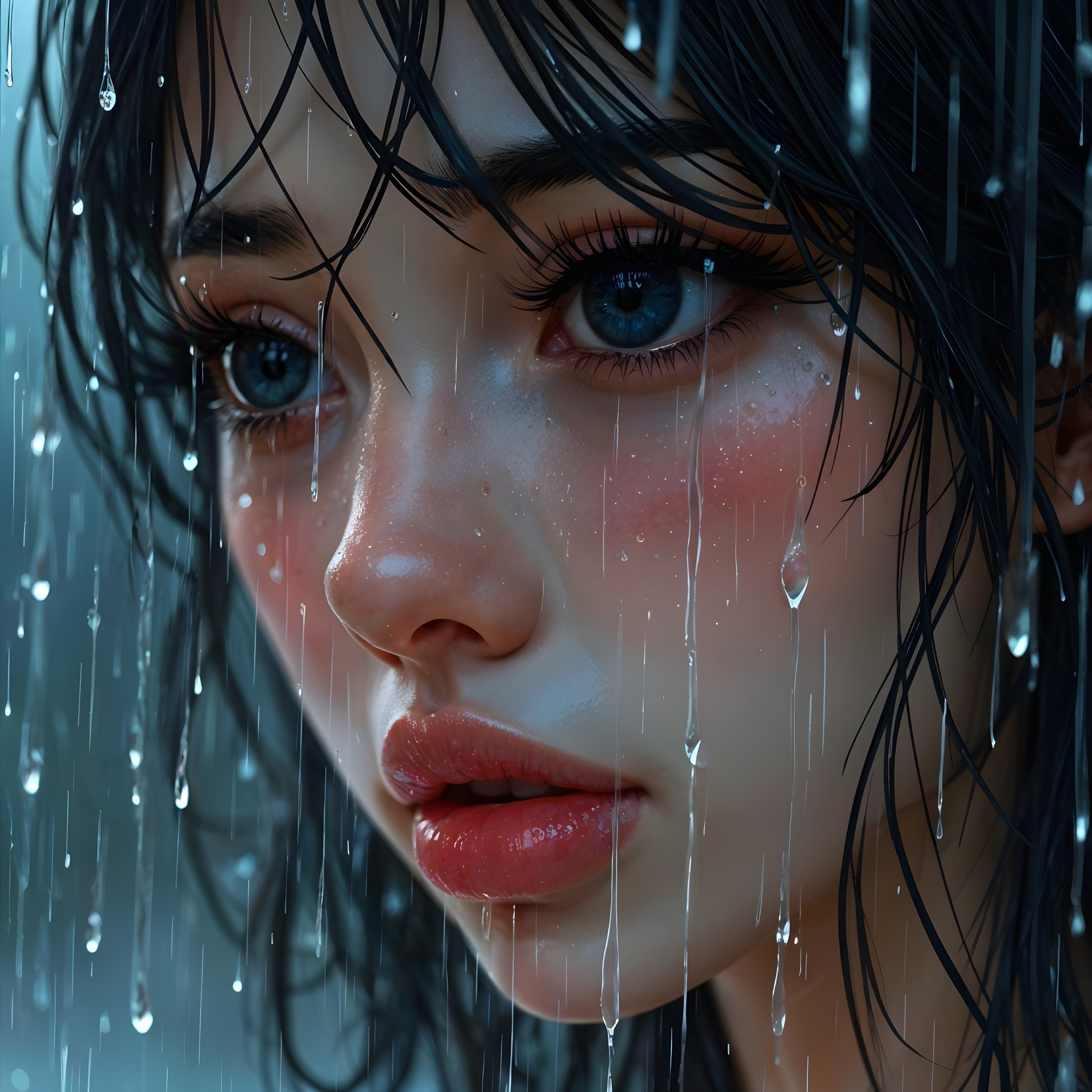Close-Up Portrait of a Young Woman in Rain